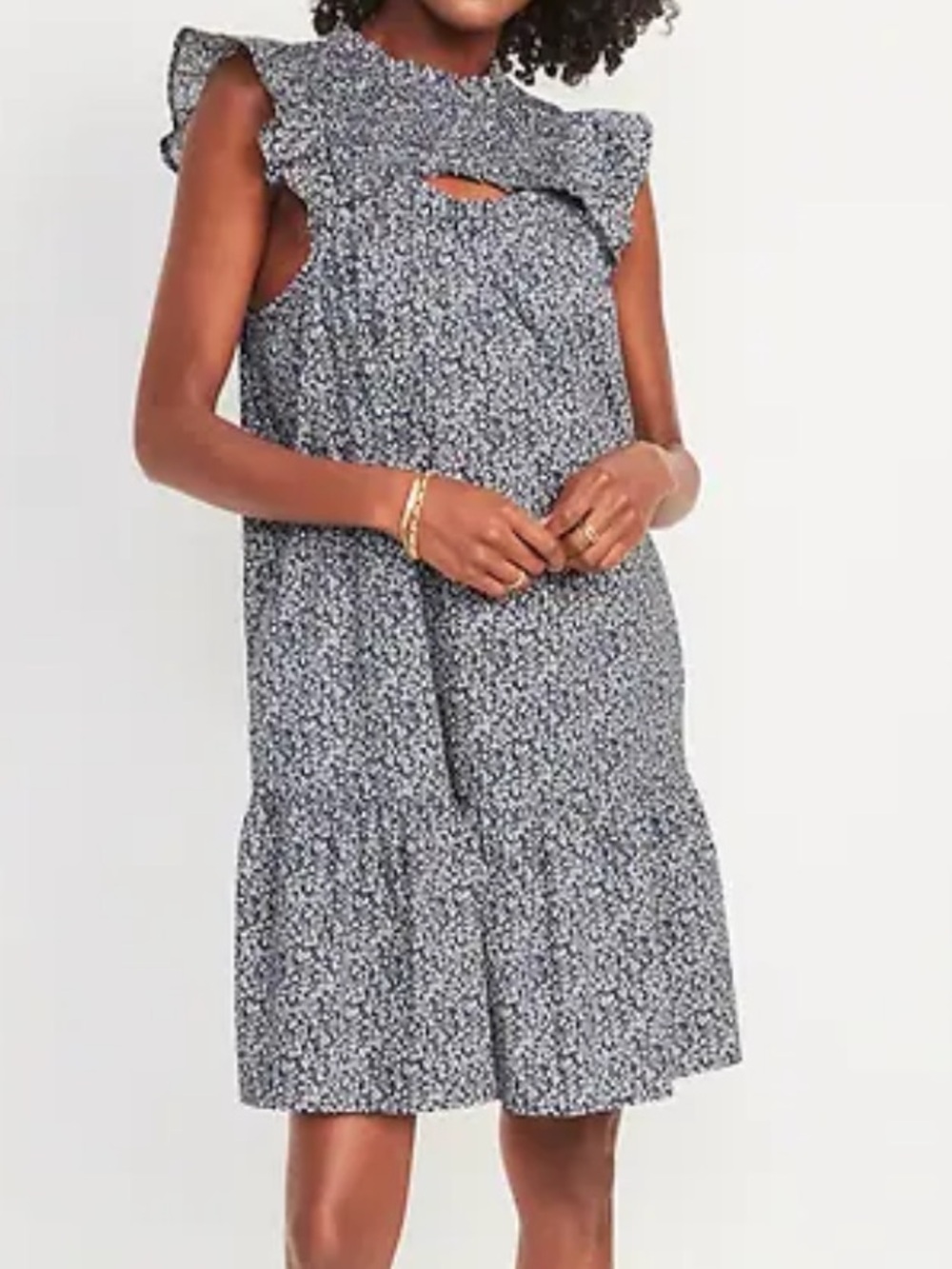 *NWT-Old Navy-Navy & White Floral Ruffle Neck Cut Out Midi Dress - Picture 2 of 12